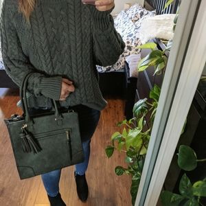 Dark Green Satchel Handbag with Gold Hardware